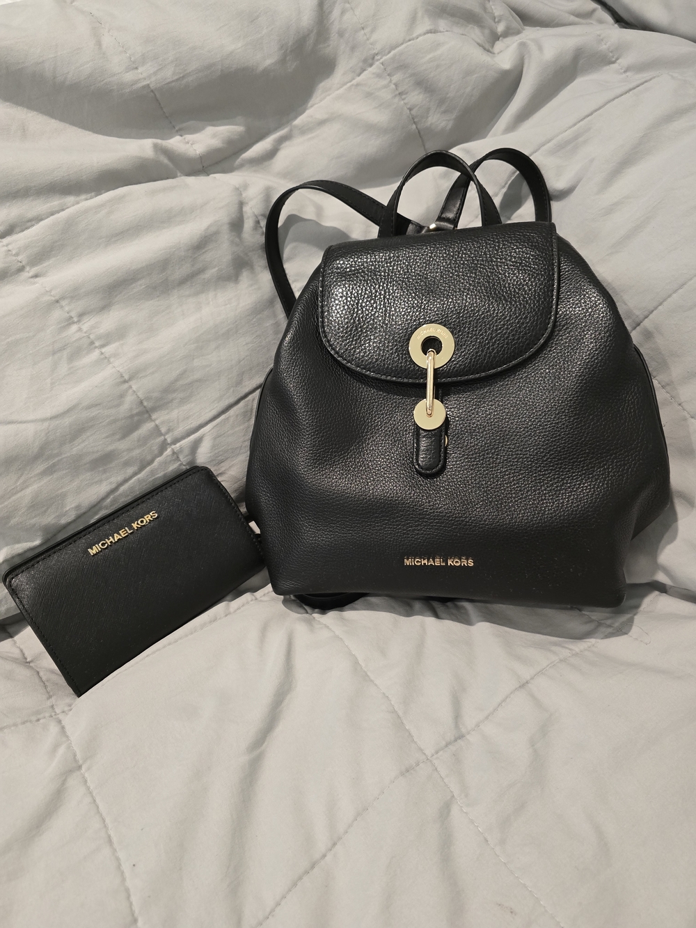 Michael Kors Black Leather Backpack with Gold Accent
